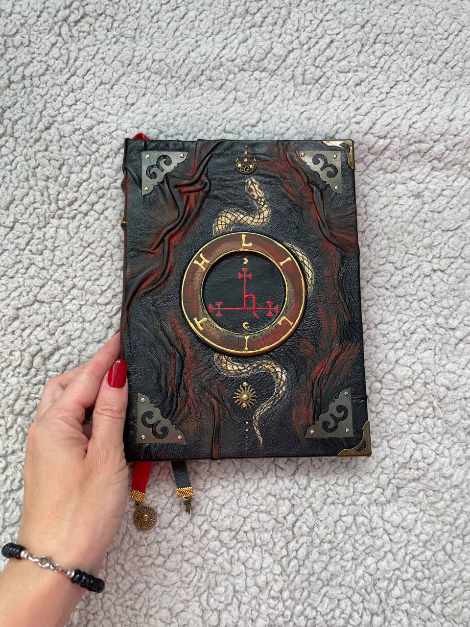 Handmade Black Leather Grimoire with Lilith Sigil & Hand-Painted Snake