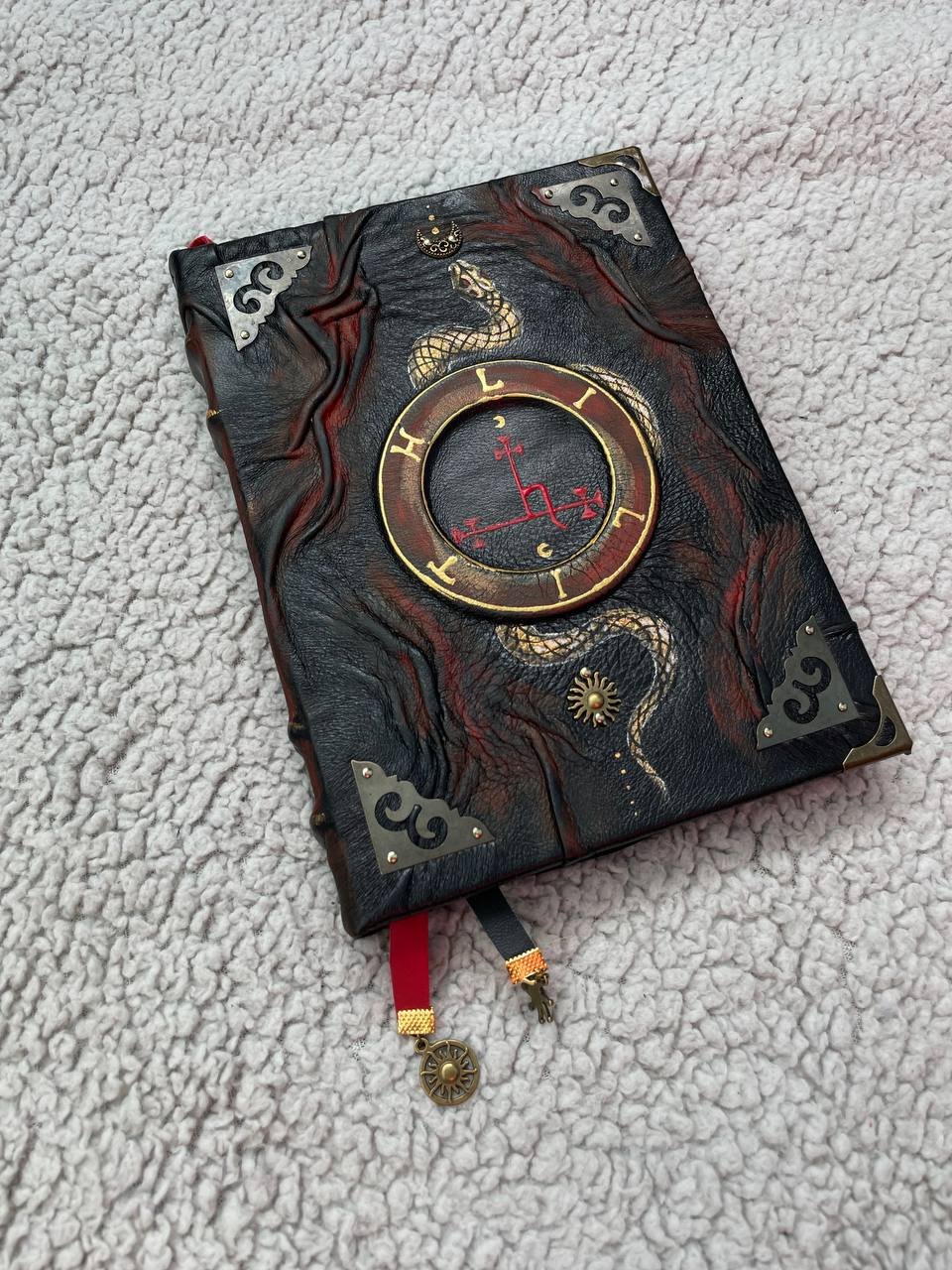 Handmade Black Leather Grimoire with Lilith Sigil & Hand-Painted Snake