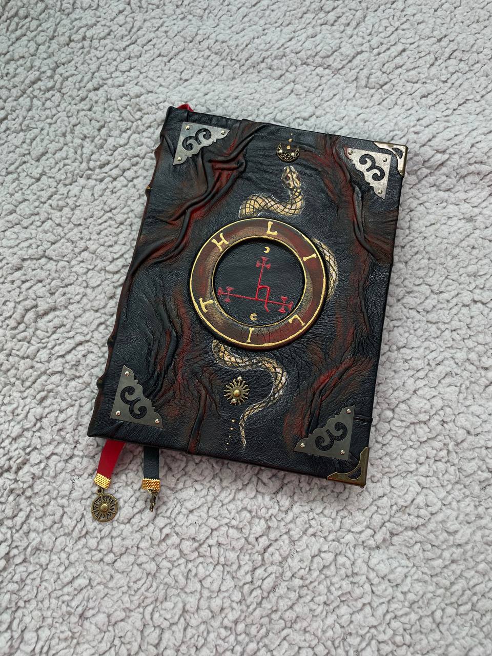 Handmade Black Leather Grimoire with Lilith Sigil & Hand-Painted Snake