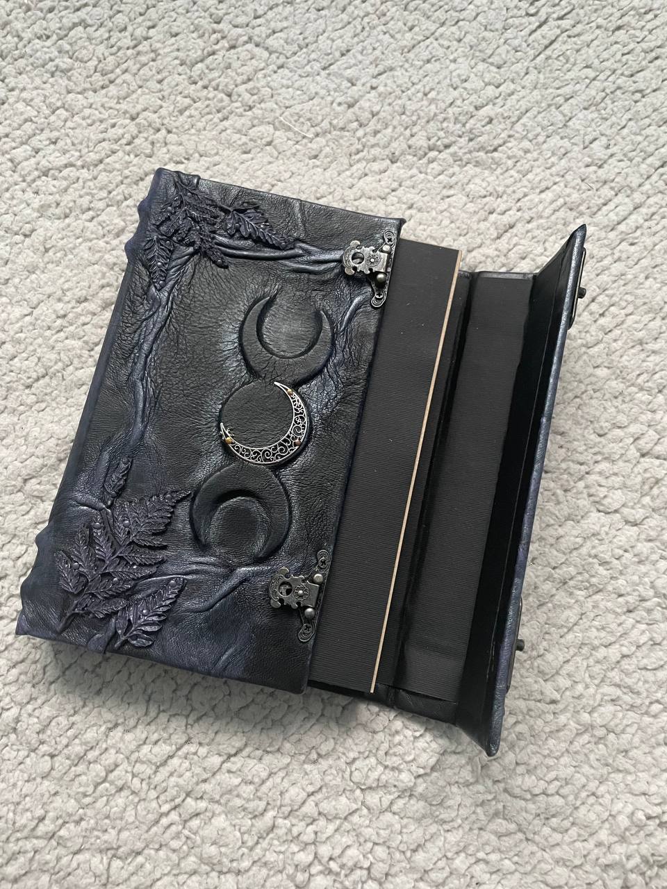 Black Leather Book of Shadows, Handmade Witch Journal, Triple Moon Grimoire, Lilac Fern Gothic Notebook, Wiccan Gift