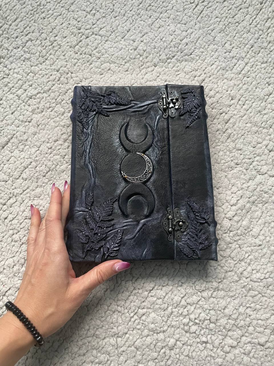 Black Leather Book of Shadows, Handmade Witch Journal, Triple Moon Grimoire, Lilac Fern Gothic Notebook, Wiccan Gift