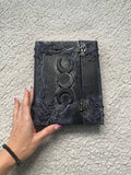 Black Leather Book of Shadows, Handmade Witch Journal, Triple Moon Grimoire, Lilac Fern Gothic Notebook, Wiccan Gift
