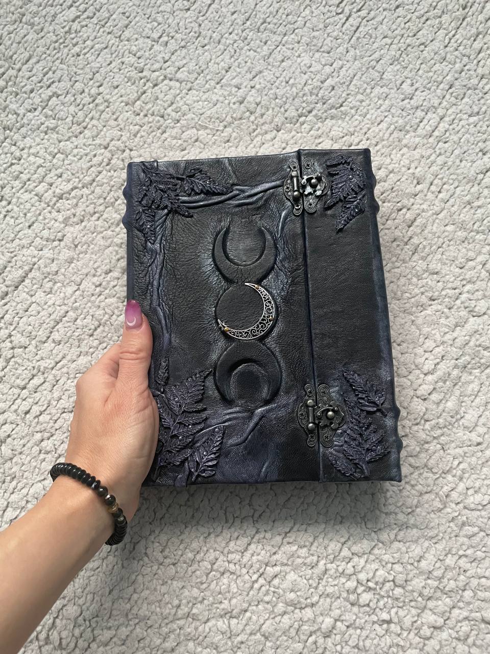 Black Leather Book of Shadows, Handmade Witch Journal, Triple Moon Grimoire, Lilac Fern Gothic Notebook, Wiccan Gift