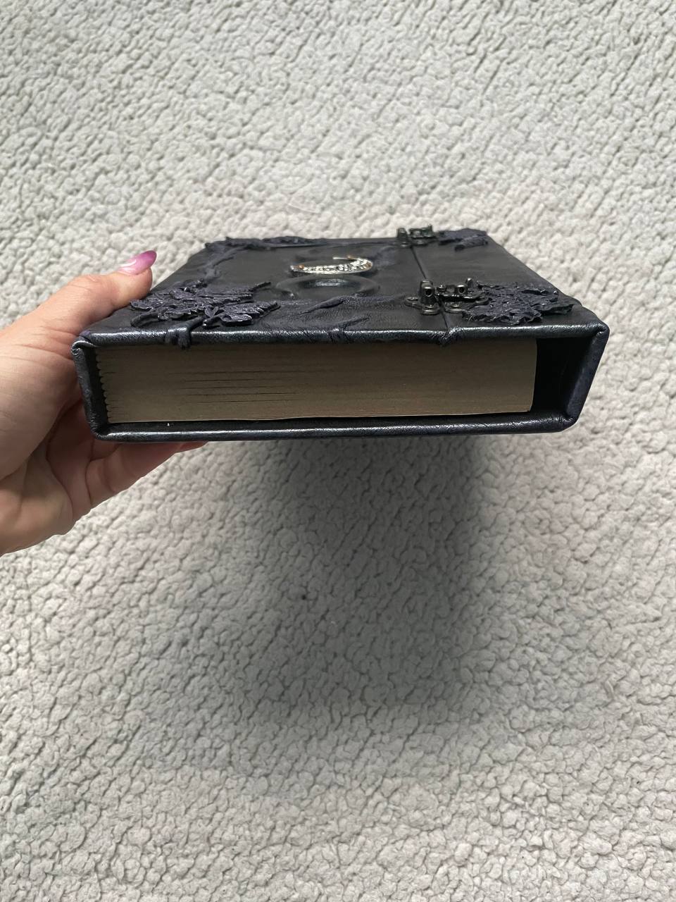 Black Leather Book of Shadows, Handmade Witch Journal, Triple Moon Grimoire, Lilac Fern Gothic Notebook, Wiccan Gift