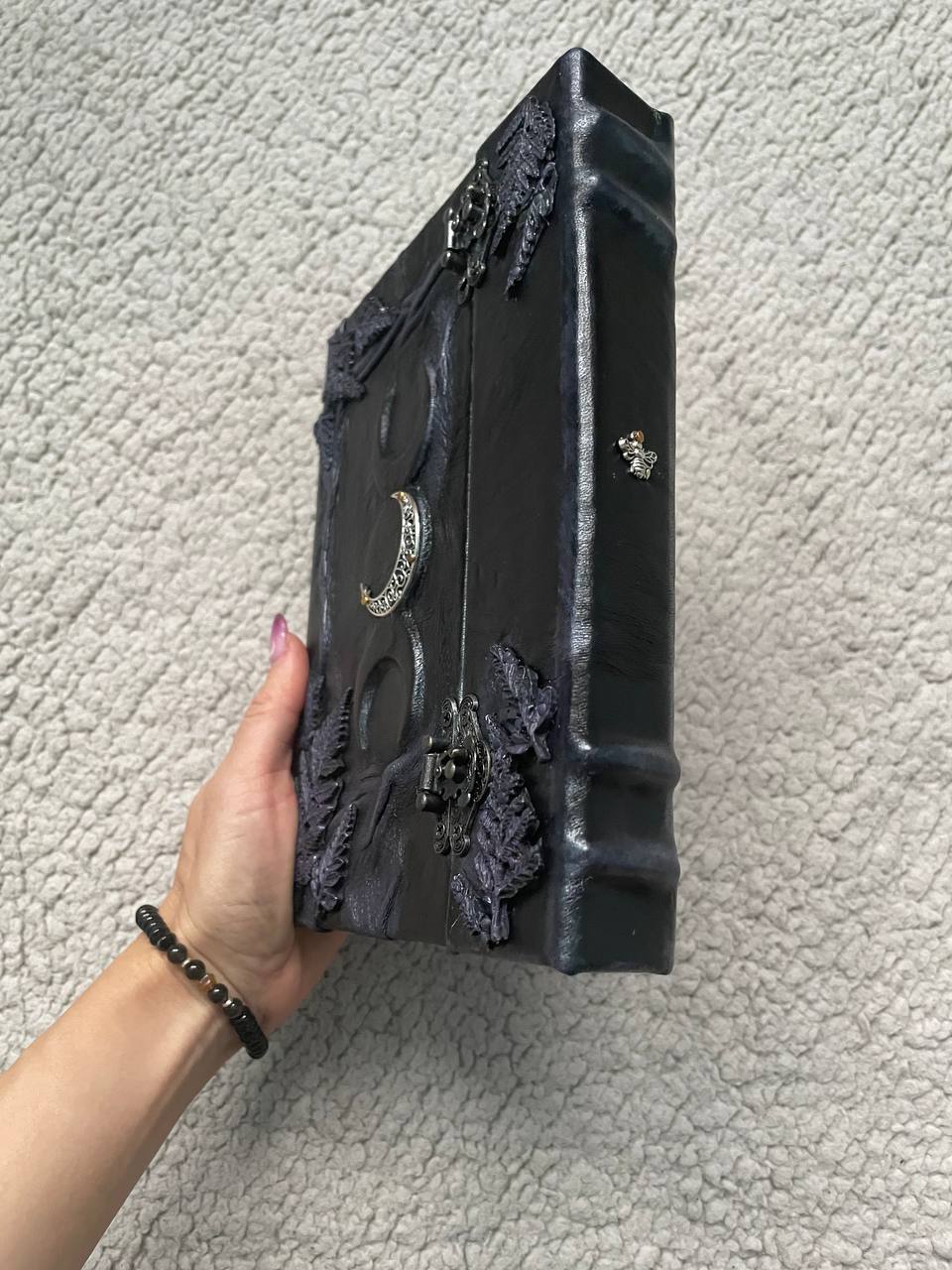 Black Leather Book of Shadows, Handmade Witch Journal, Triple Moon Grimoire, Lilac Fern Gothic Notebook, Wiccan Gift