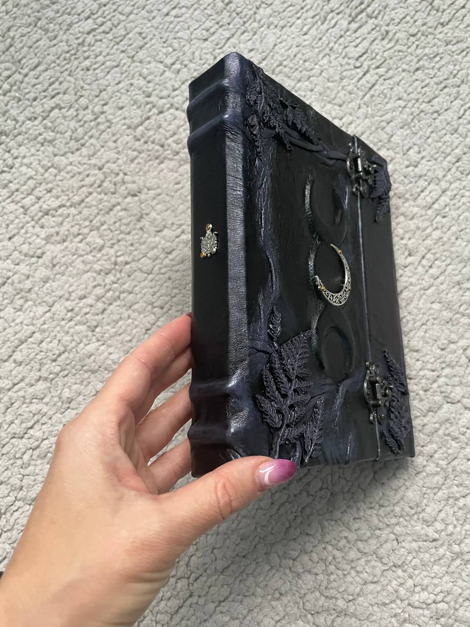 Black Leather Book of Shadows, Handmade Witch Journal, Triple Moon Grimoire, Lilac Fern Gothic Notebook, Wiccan Gift