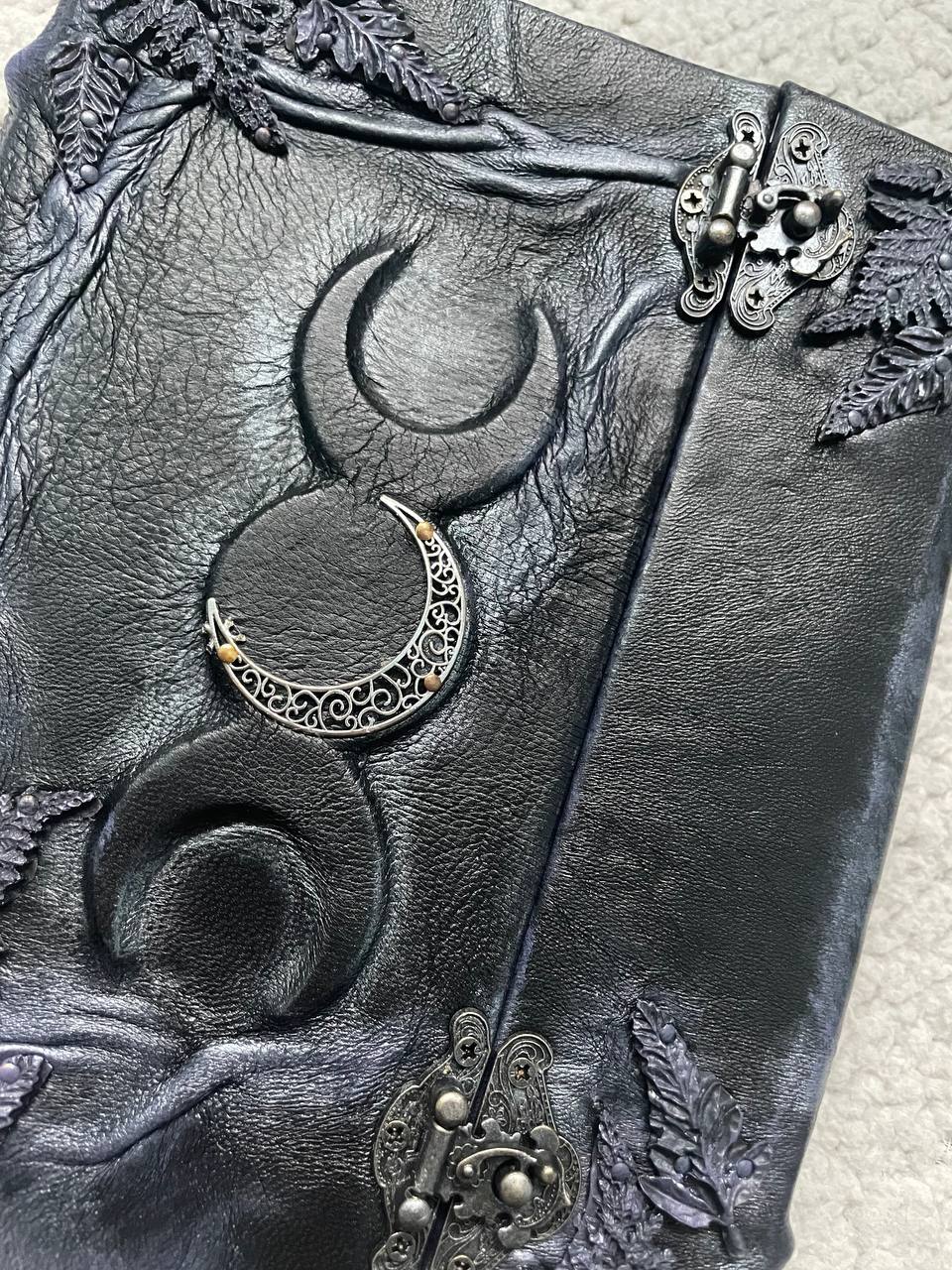 Black Leather Book of Shadows, Handmade Witch Journal, Triple Moon Grimoire, Lilac Fern Gothic Notebook, Wiccan Gift