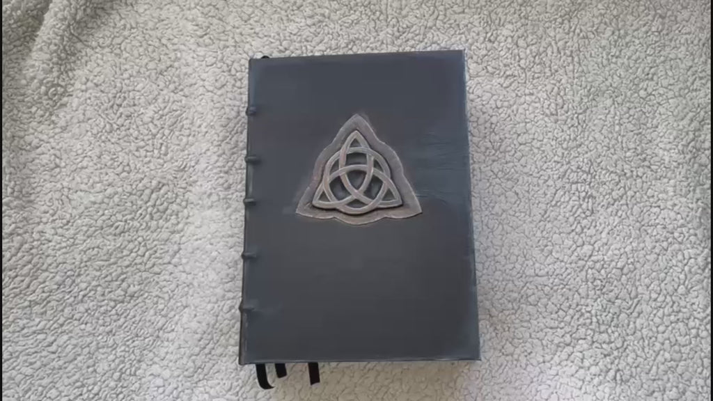 Handmade Black Leather Grimoire with Triquetra • Aged Spellbook • A4 Witchcraft Journal • 600 Pages