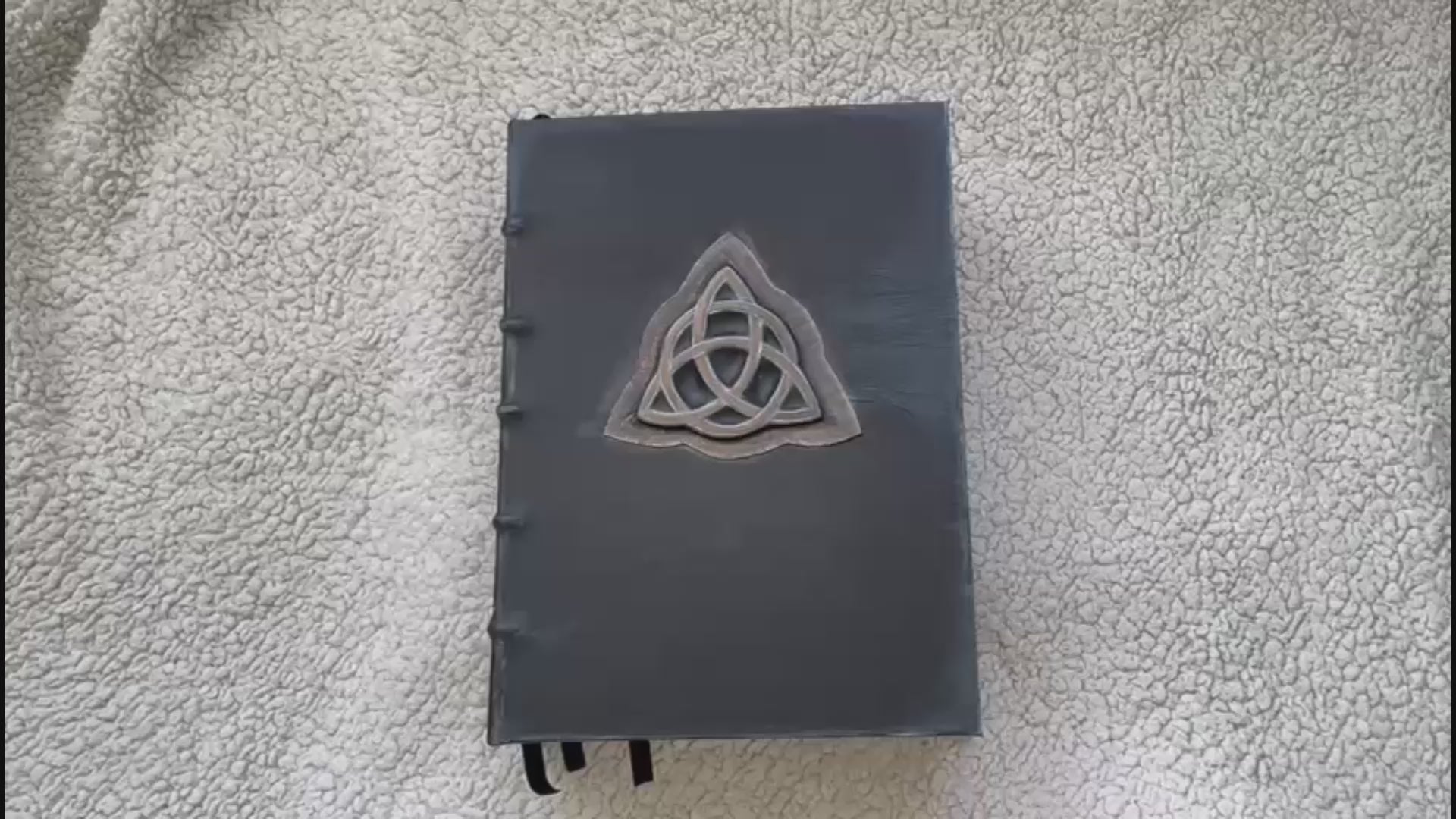 Handmade Black Leather Grimoire with Triquetra • Aged Spellbook • A4 Witchcraft Journal • 600 Pages