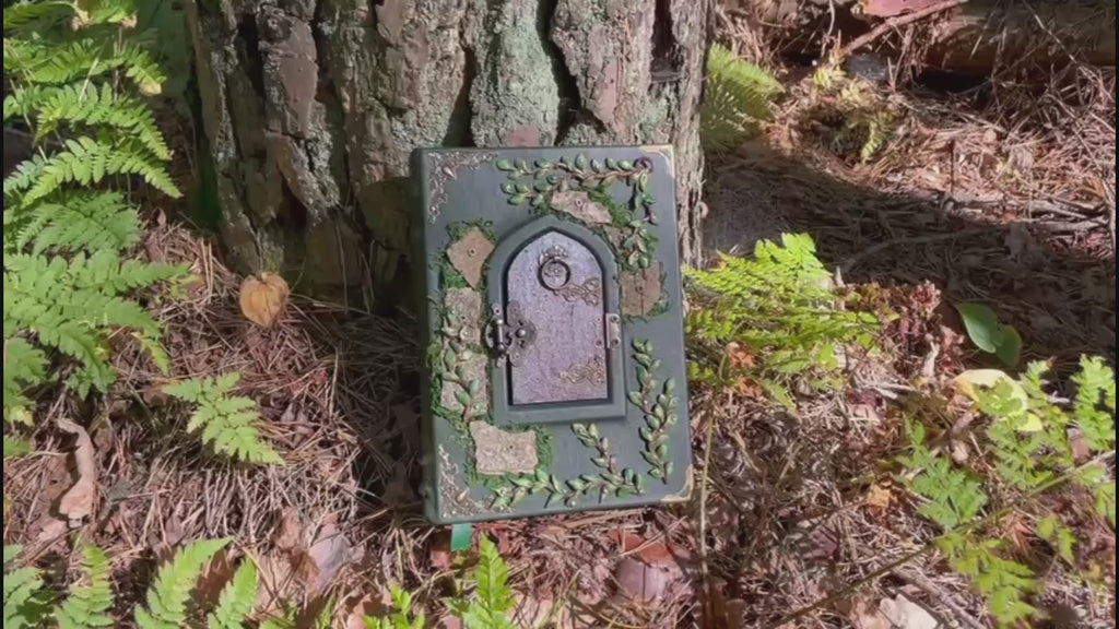The Door to Fairyland Grimoire – Green Leather Journal with Working Door, Personalized Message