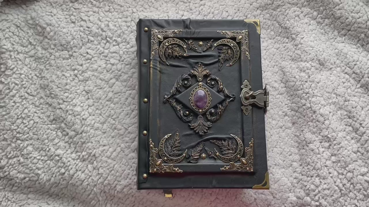 Amethyst Moon Grimoire – Leather Art Journal with Watercolor Pages, Moons Design, Handmade Spell Book
