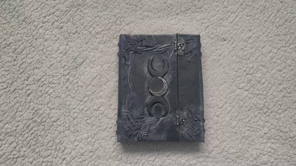 Black Leather Book of Shadows, Handmade Witch Journal, Triple Moon Grimoire, Lilac Fern Gothic Notebook, Wiccan Gift