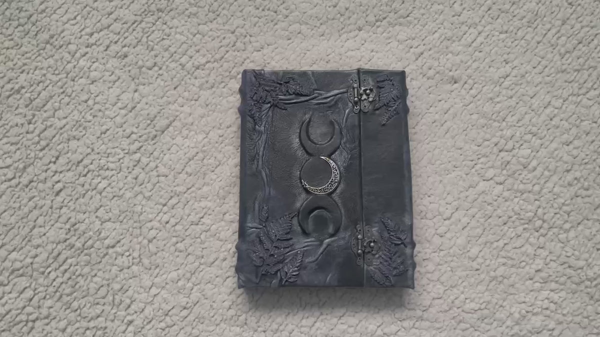 Black Leather Book of Shadows, Handmade Witch Journal, Triple Moon Grimoire, Lilac Fern Gothic Notebook, Wiccan Gift