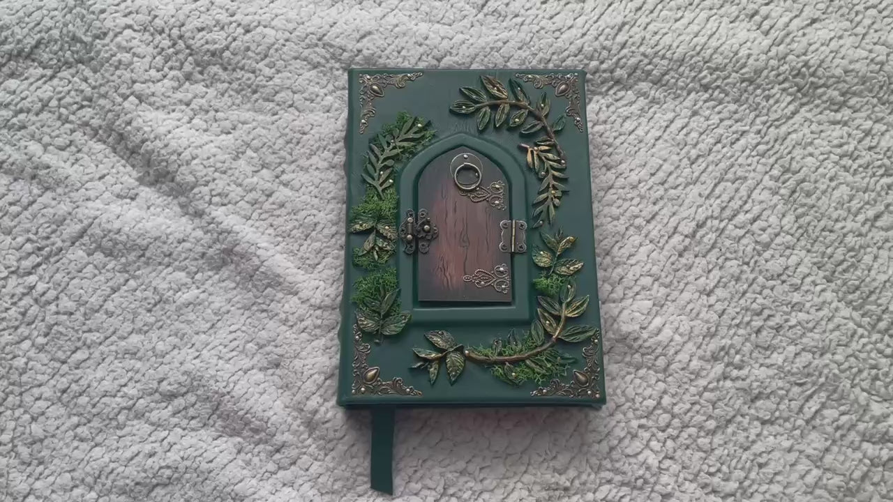 The Door to Fairyland Grimoire – Green Leather Journal with Working Door, Personalized Message