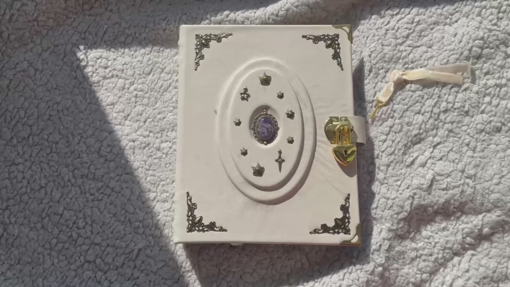 White Leather Binder Spiritual Journal – Ring Planner with Heart Lock and Amethyst Stone