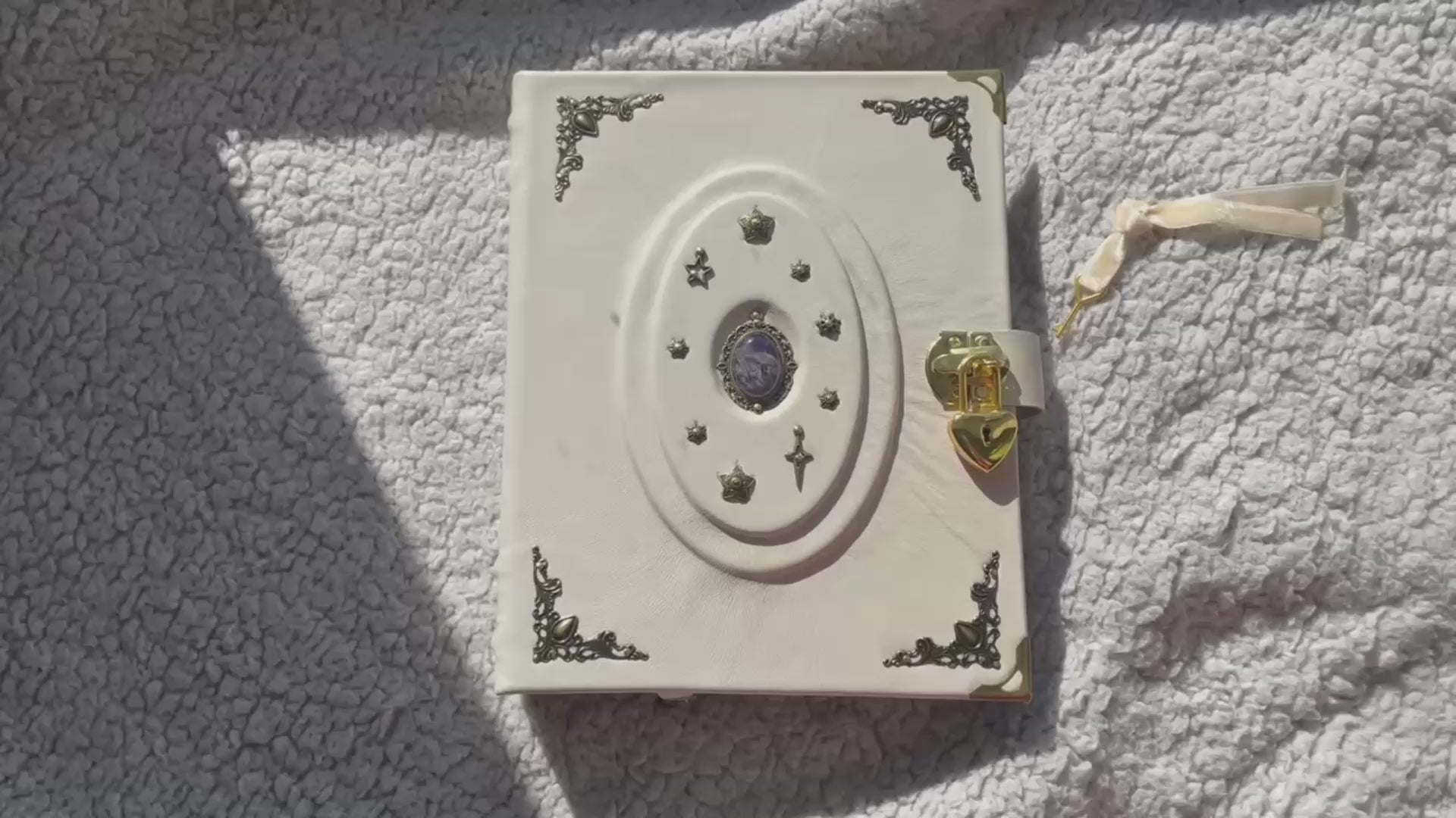 White Leather Binder Spiritual Journal – Ring Planner with Heart Lock and Amethyst Stone