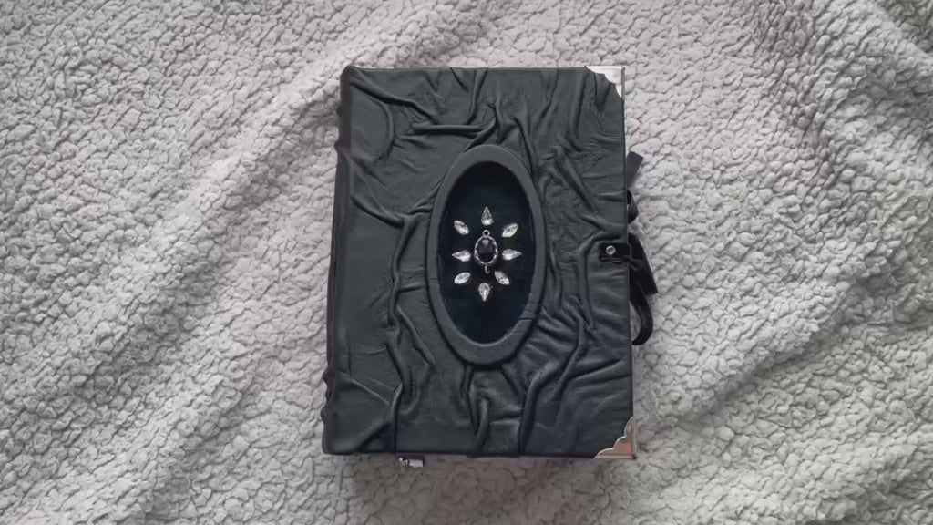 Black Agate Grimoire - Handmade Leather Spell Book, Gothic Journal with Silver Edges