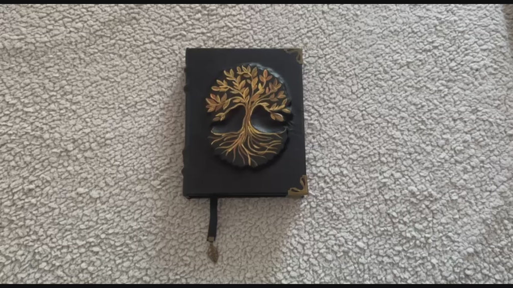 Tree of Life Genealogy Grimoire Handmade Black Leather Family History Journal • Space Endpaper