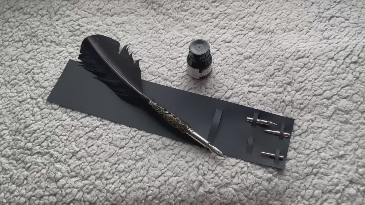 Black Feather Quill Pen Set for Handcrafted Grimoire – Vintage Calligraphy Set for Witches, Writers & Magic Lovers