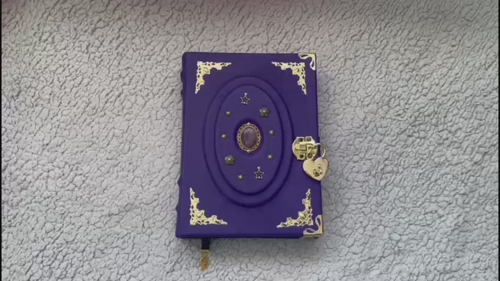 Purple Amethyst Grimoire • Leather Spellbook with Crystal & Lock • Handmade Wiccan Book of Shadows