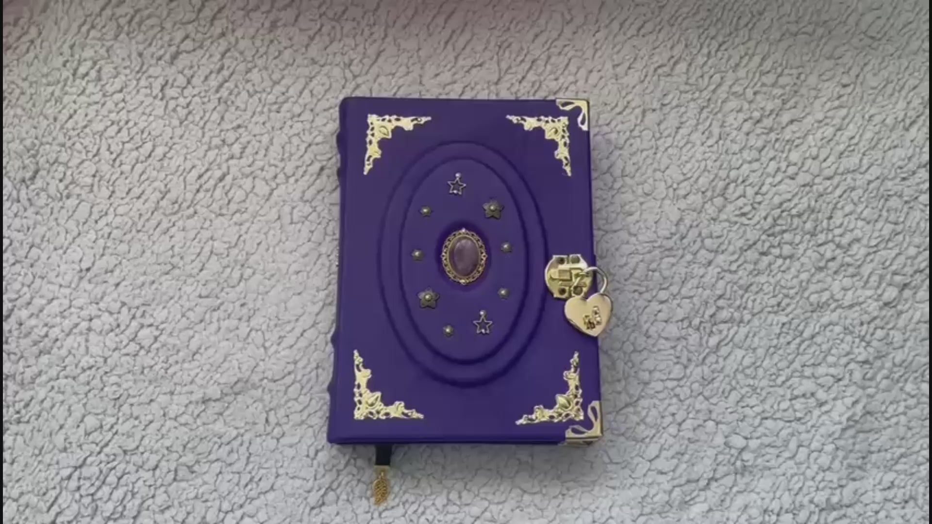 Purple Amethyst Grimoire • Leather Spellbook with Crystal & Lock • Handmade Wiccan Book of Shadows