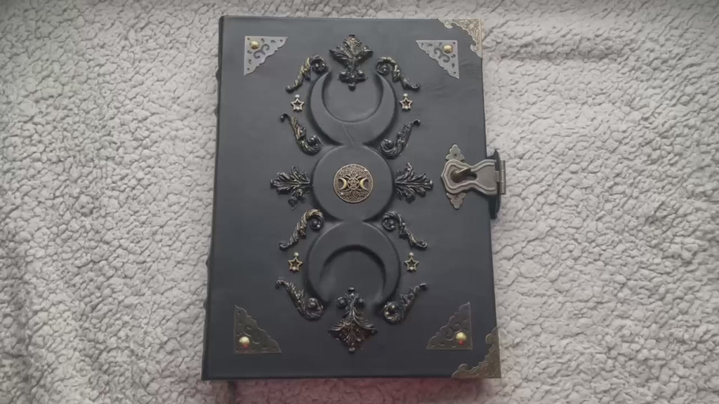 Black Moon A4 Leather Binder Grimoire | Refillable Witchcraft Book | Triple Moon Symbol