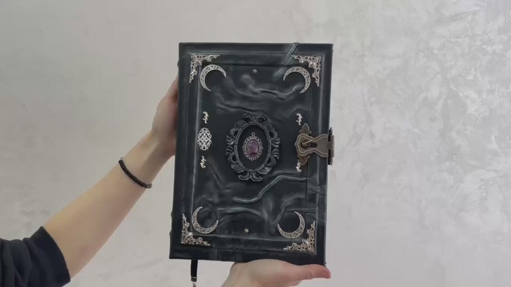 Amethyst Gothic Grimoire | Purple Moon Leather Book of Shadows | Handmade Witch Journal | Occult Gift