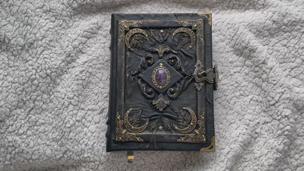 Amethyst Moon Grimoire – Witchcraft Book of Shadows, Handmade Leather Journal, Moon Phases SpellBook