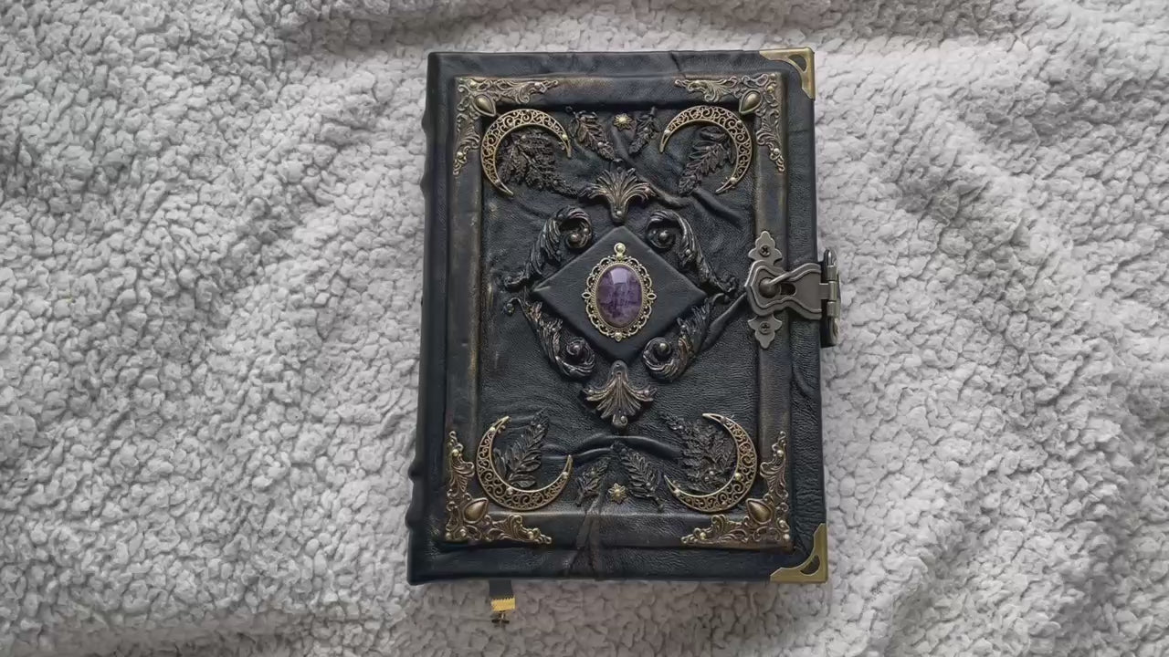 Amethyst Moon Grimoire – Witchcraft Book of Shadows, Handmade Leather Journal, Moon Phases SpellBook