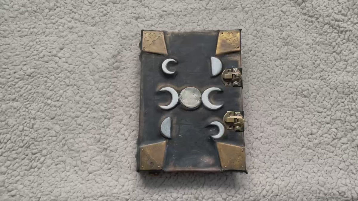 Moon Phases Leather Grimoire – Handmade Book of Shadows Inspired by Gothic Fantasy