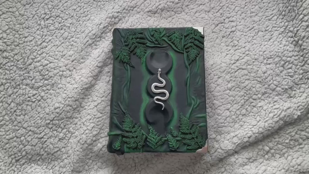 Fern & Serpent Grimoire – Leather Book of Shadows with Triple Moon, Gothic Witch Journal