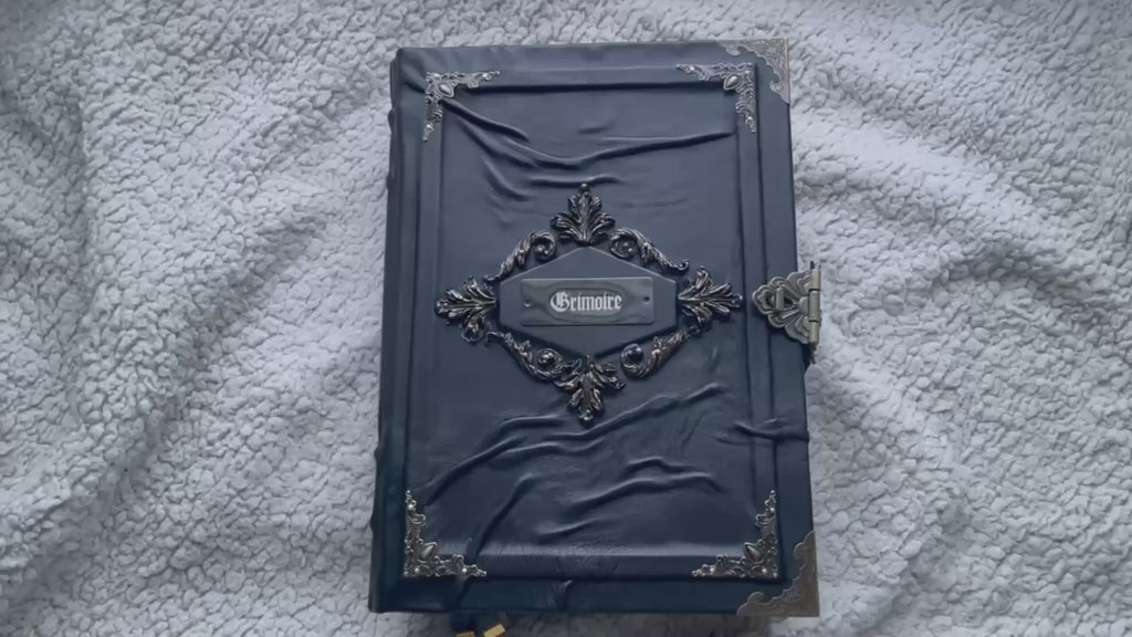 Gothic Leather Grimoire with Engraved Metal Plate – Handmade Black Spellbook