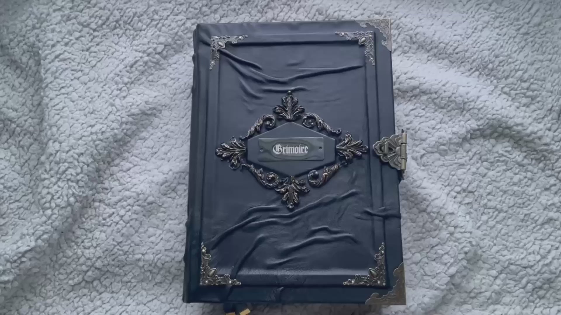 Gothic Leather Grimoire with Engraved Metal Plate – Handmade Black Spellbook