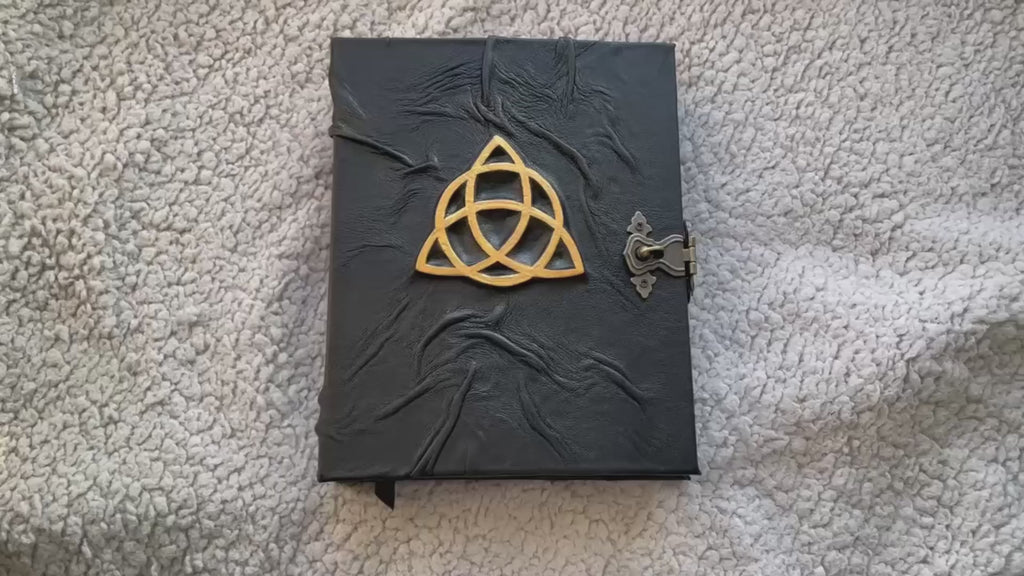 Leather Grimoire with Gold Triquetra | Book of Shadows Journal | Handmade Witch Notebook | Pagan Gift