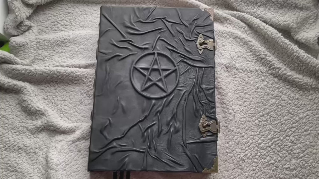Giant Pentagram Grimoire - Black Genuine Leather Witchcraft Book, Gothic Occult Tome