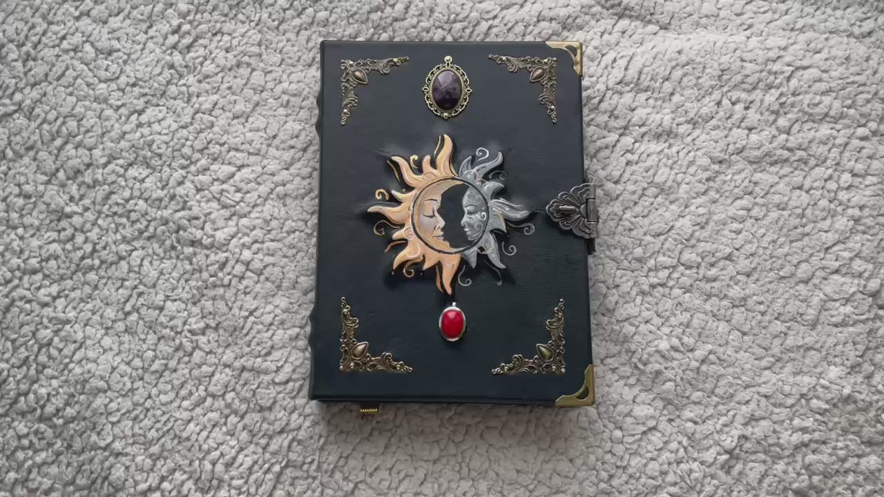 Sun & Moon Leather Grimoire with Natural Stones | Hand-Painted Cover, Metal Clasp