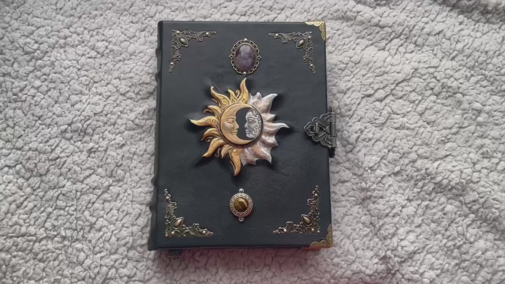 Sun & Moon Leather Grimoire with Amethyst Tiger’s Eye | Hand-Painted Cover, Metal Clasp