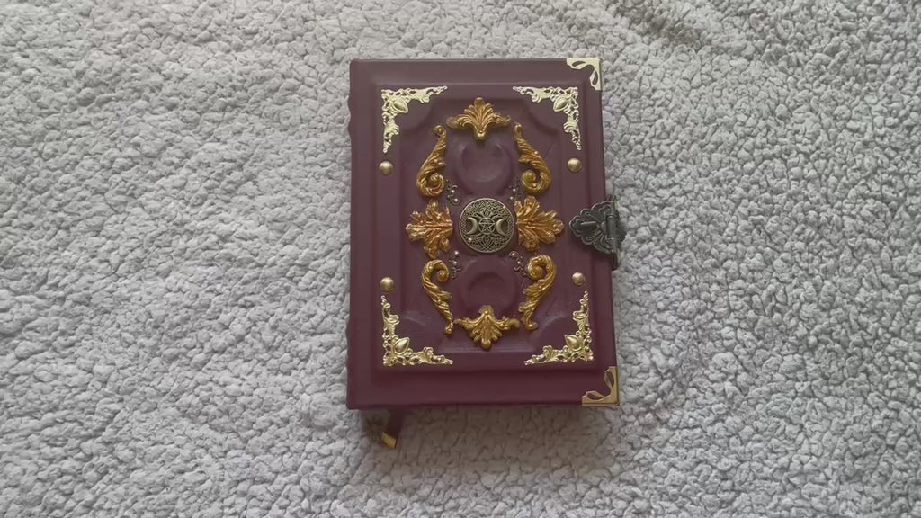 Golden Triple Moon Grimoire – Handmade Burgundy Leather Book of Shadows | Luxury Wiccan Journal