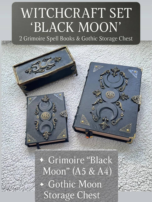 Black Moon Esoteric Set – Handmade Grimoire Duo & Gothic Witch Chest